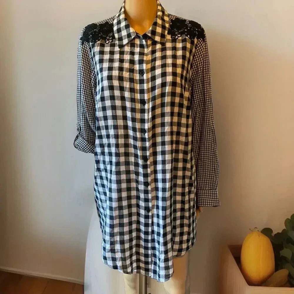 Style &Co Womens 1X Button Up Shirt Black White Gingham Light Cotton Westerncore